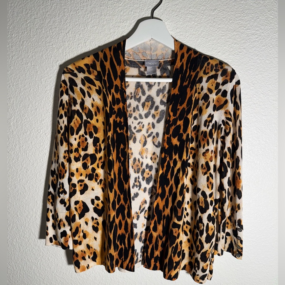 Chico's Wild Pattern Lightweight Knit Cardigan with 3/4 Sleeves